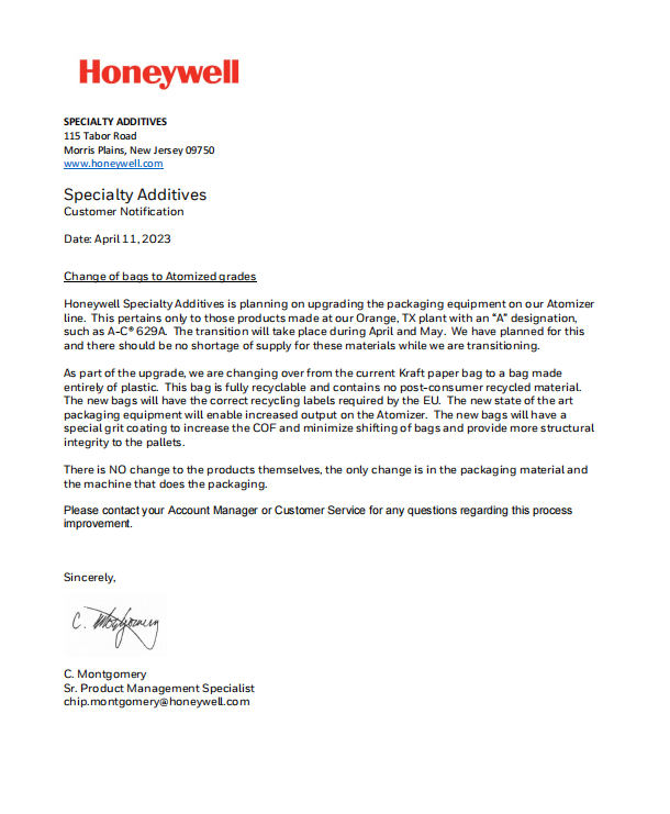霍尼韦尔特种添加剂宣布包装升级计划：推动环保与效率的双赢